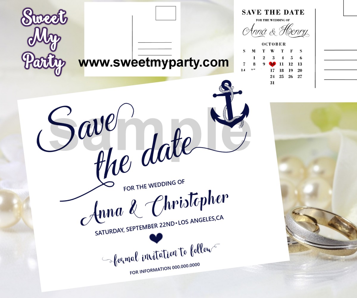 Anchor Wedding Save the Date cards,Navy blue Wedding Save the Date, (00d)